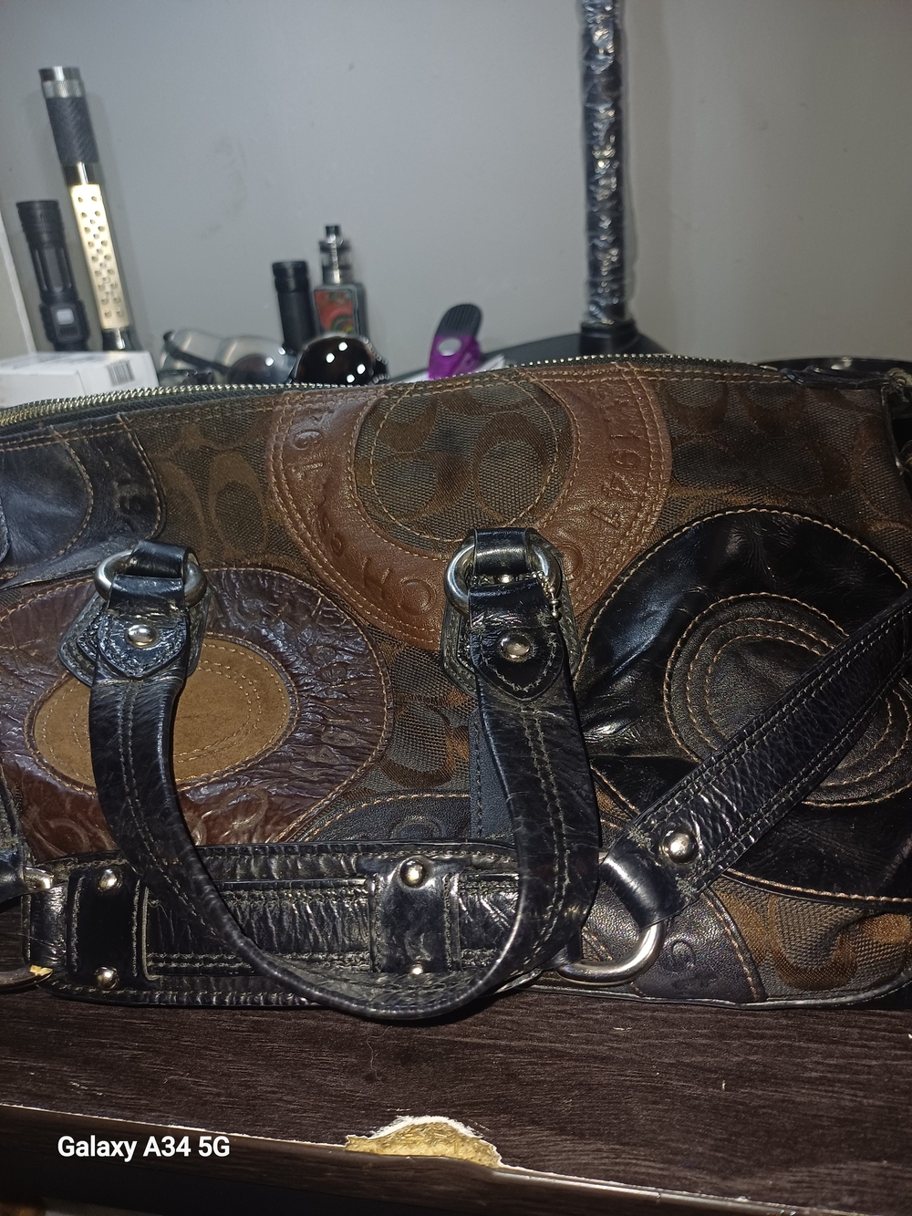 Coach Brown and Black Signature Patchwork Satchel